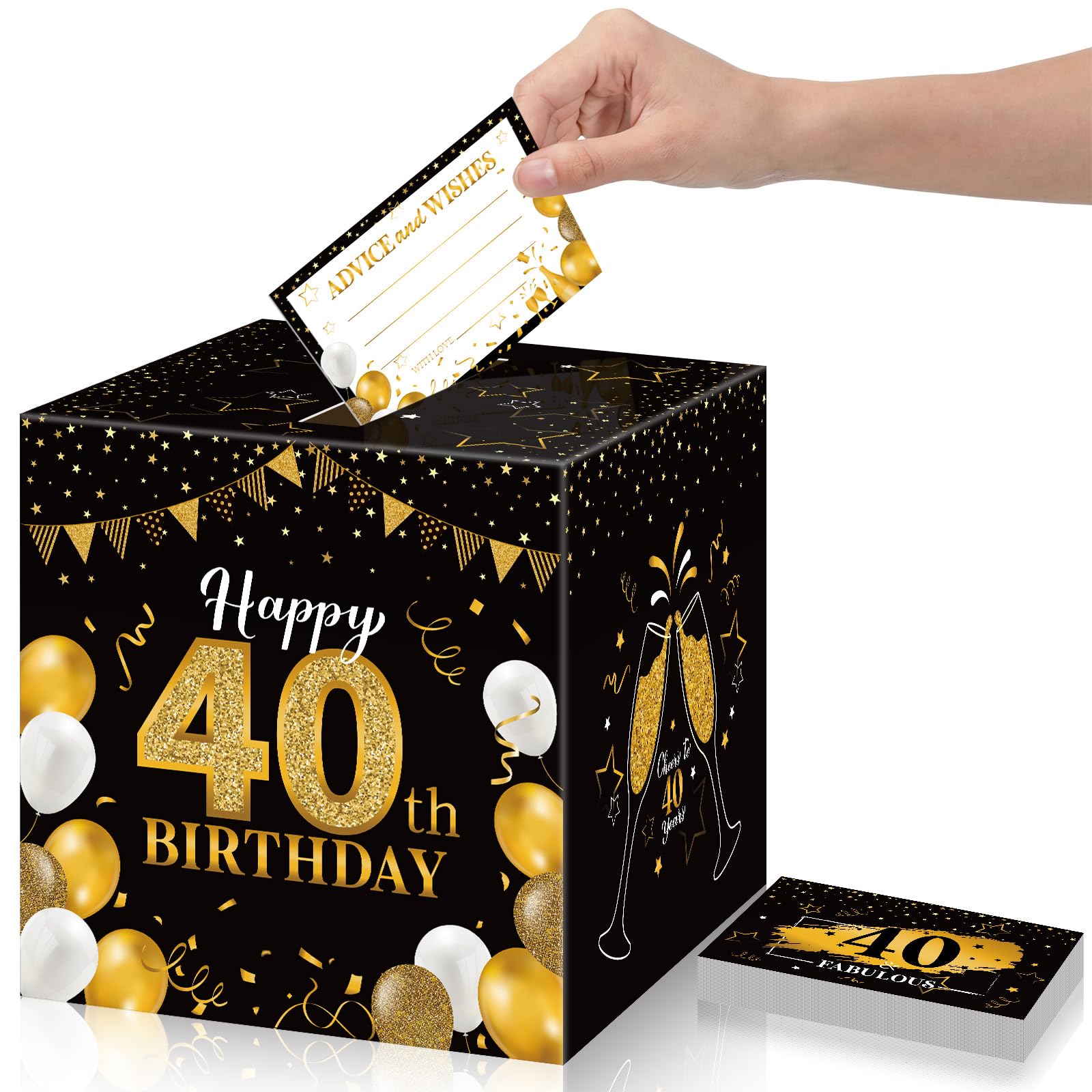 Funrous 40th Birthday Party Message Card Box Cheers to 40 Years Black Gold Advice and Wishes Greeting Card Box for Men Birthday Decorations Party Supplies Anniversary Tables Sign Centerpiece Decor