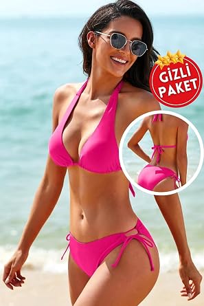Genel Fu ya Belden Boyundan Ba lamal  Ayarlanabilir K lotlu  gen Bikini Mayo Tak m , S/M, IMD0287, Pembe, Kad n