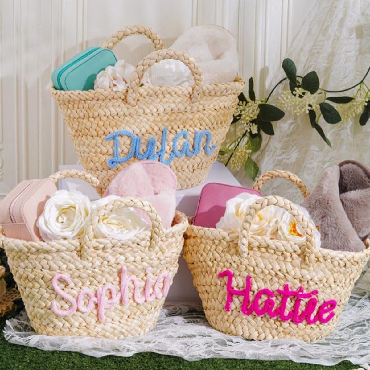 Personalized Straw Bridesmaid Handbag,Personalized Straw Tote Bag for Women,Customize Bridesmaid Tote Bag (Multicolor)