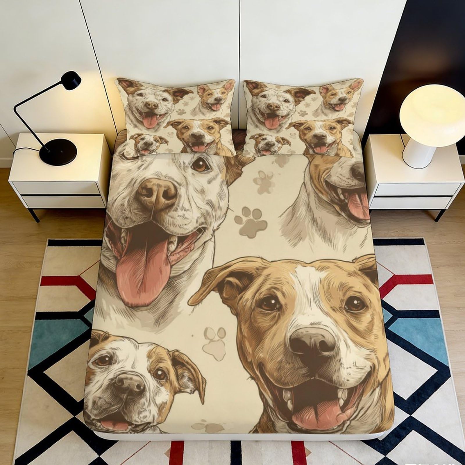 3D Printed Happy Dog Pattern Fitted Sheet Microfiber Soft Breathable Smiling Puppy Bed Cover for Bedroom Dormitory Guest Room Mattress Protection Decor 200x200x25cm
