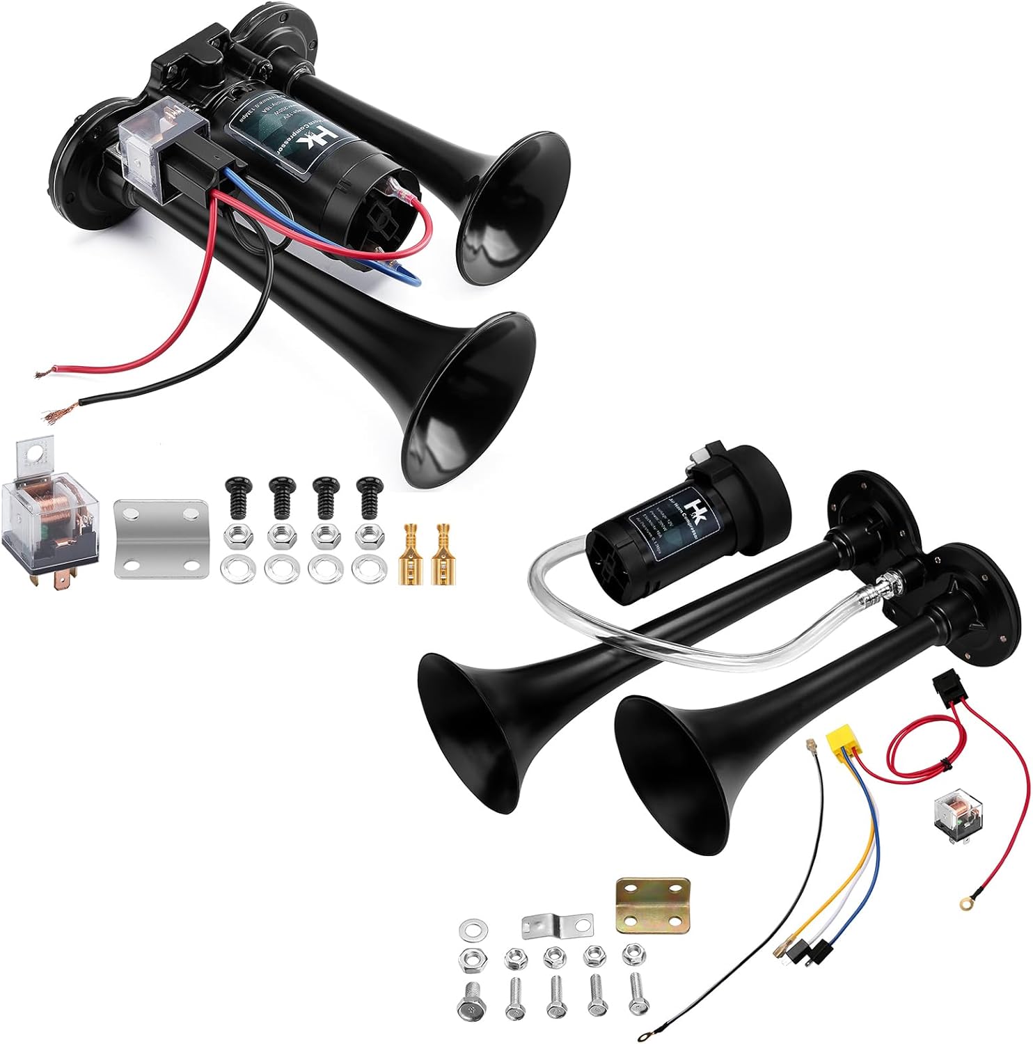 HK Bundle - 2 Pack 150db Super Loud Dual Trumpet Air Horn Kit with Compressor for Vehicles, Trucks, Trains, Boats