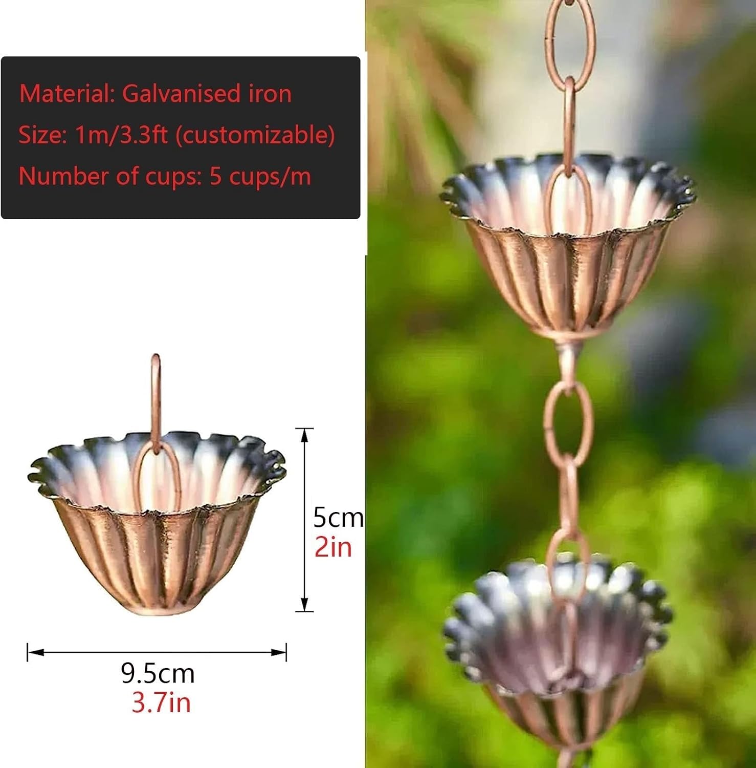 Rain Chains for Outside, Rain Catcher Chain Chime for Garden Villa Park Porch and Yard Decoration, Rain Chain Cups Divert Water, Customised Length,1.5m/4.9ft