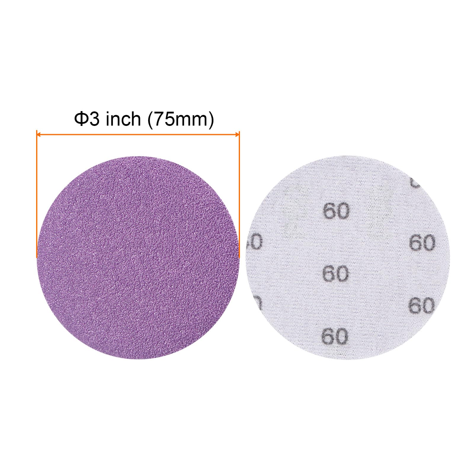 HARFINGTON 50 discos de lija de grano 60, color morado, papel de lija circular de 3 pulgadas, papel de lija profesional, pulido en seco y húmedo para paneles de yeso de madera y metal
