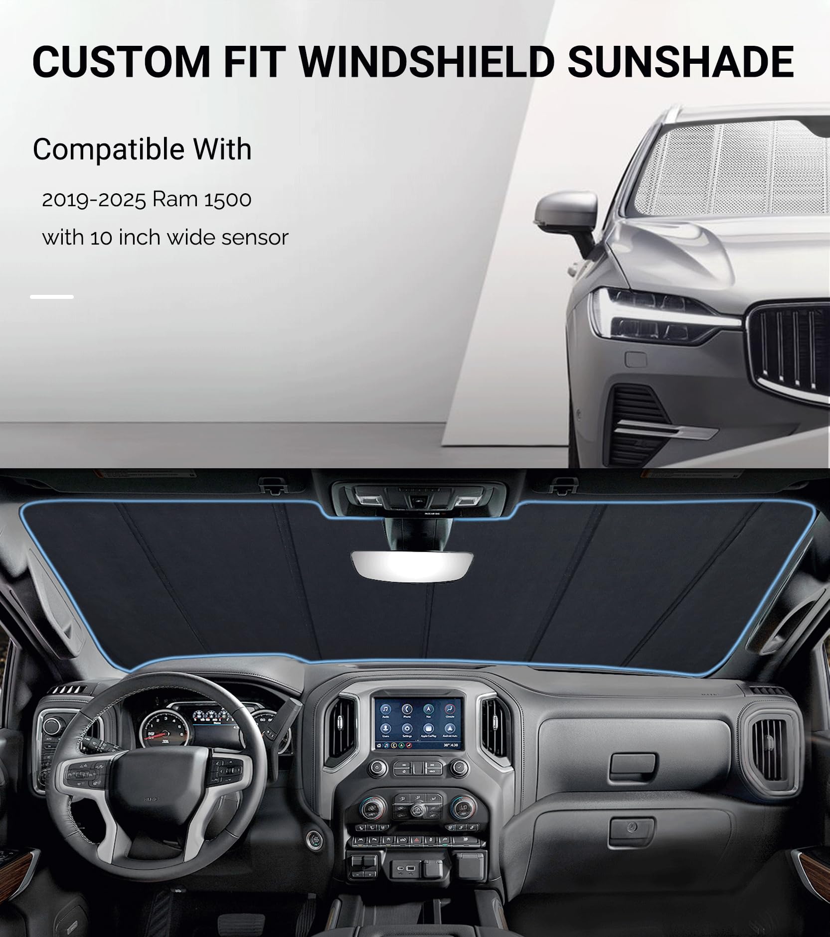 Pigenius Windshield Sun Shade for Ram 1500 2019-2025 with 10 Inch Wide Sensor. Reflective Aluminum Film Front Window Sunshade - BLAZBLOCK