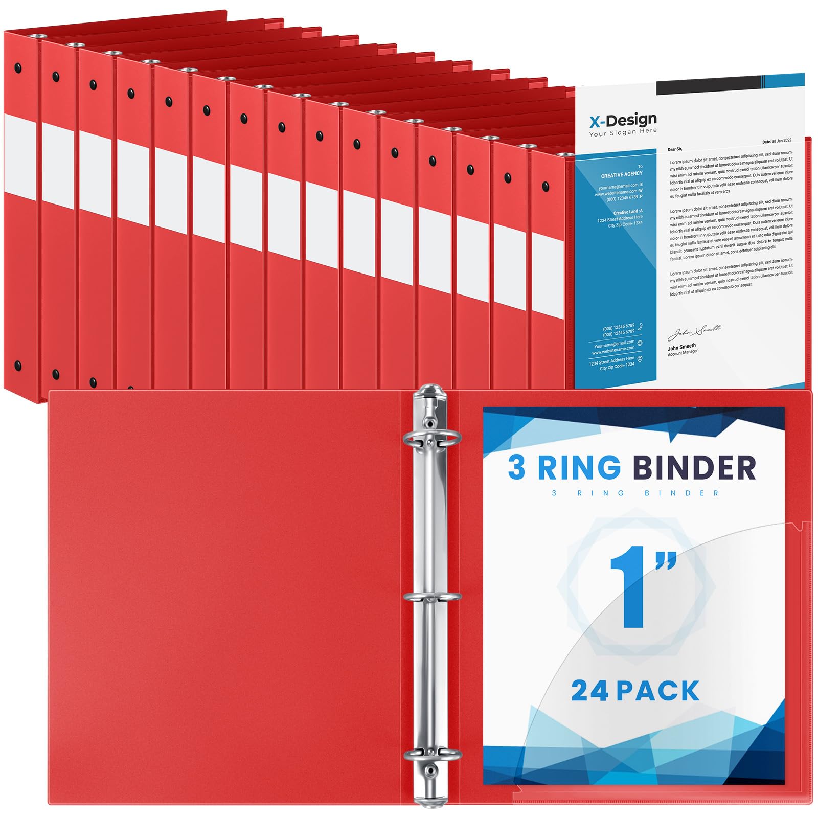 Henoyso 24 Pack 1 Inch 3 Ring Binder with Clear Cover Fit Letter Size 8.5" x 11" Paper Holds 240 Sheets, Bulk Binders for Organizing School, Office & Classroom Documents, 1 Pocket (Red)