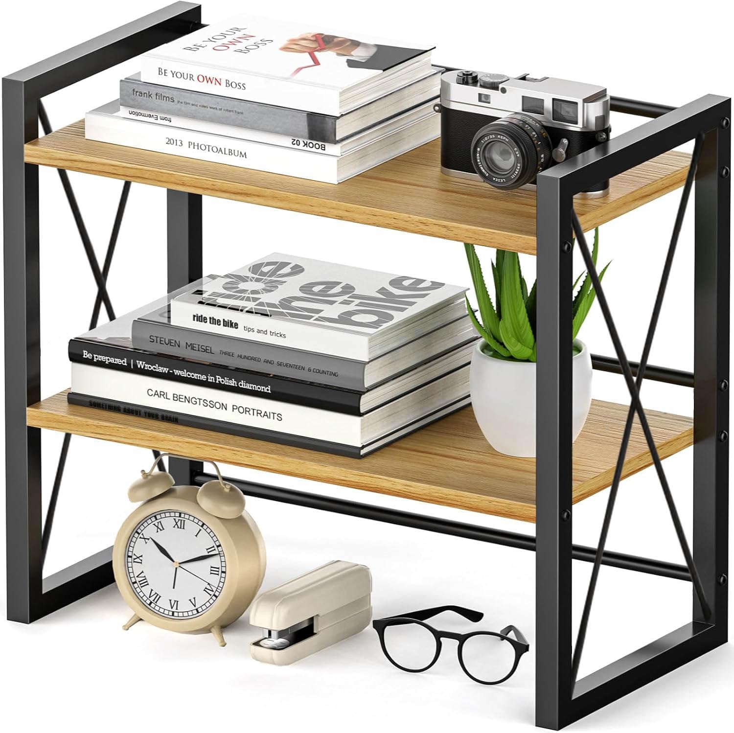 DoToGo Wood Office Desk Shelf Organizer - Desktop Supplies Cute Dresser Top Organization Storage Rack and Cubicle Decor Aesthetic Bookshelf for Women Man and Kids (Black-wood, X) โ image 1