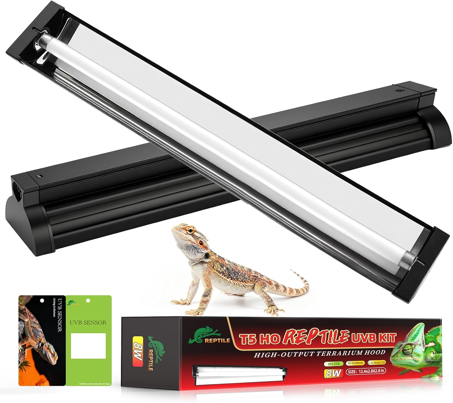 T5 UVB Light for Reptile with Test Sensor Cards, UVB Reptile Light Fixture HO Combo Kit, High Output Reptiles Bar 10.0 UVA Desert Lamp for Turtle Bearded Dragon Tank T5 8W-12Inch