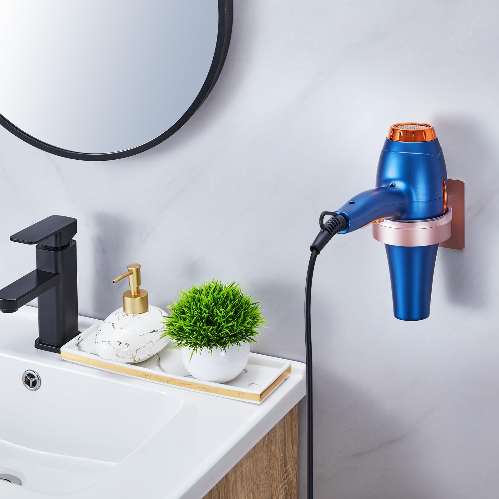 Soporte para secador de pelo montado en la pared, organizador adhesivo para secador de pelo, almacenamiento de herramientas de pelo para baño y salón, accesorios de baño que ahorran espacio, diseño