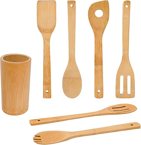 Miniatura 1 de Juego de cucharas y espátulas de madera de bambú 6 piezas de utensilios de cocina y 1 soporte resistente al calor para utensilios de cocina