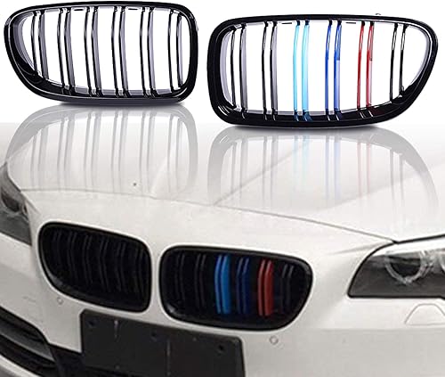 Miniatura 9 de runmade Parrilla de parachoques delantero compatible con BMW Serie 5 520i 523i 528i 530i 535i 550i (MutiColor negro brillante, doble línea,