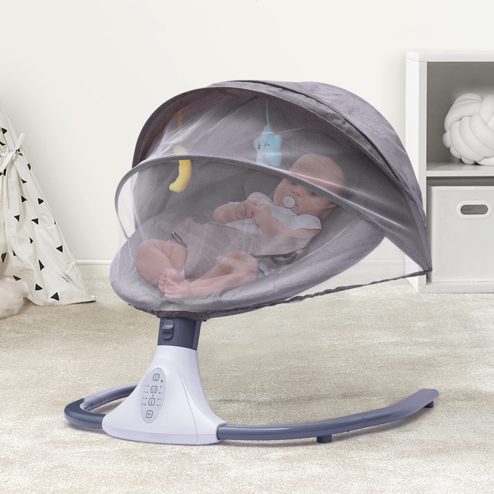 Altalena elettrica per bambini, per interni con baldacchino oscurante, con telecomando, 12 musica Bluetooth, per bambini da 0 a 18 mesi, fino a 44,09 libbre (grigio)