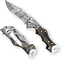 Vista 10 de WINTERFELL Cuchillo de bolsillo de acero de Damasco con mango de hueso de camello quemado con clip para cinturón, cuchillo de regalo personalizado