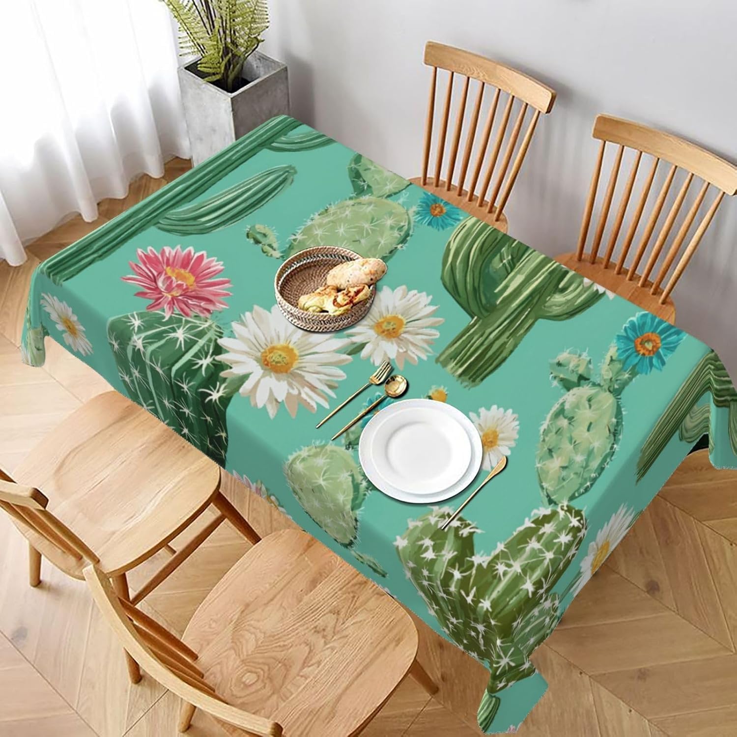 Kwadratowy obrus 160 x 160 cm kaktus i kwiaty obrus z poliestru odporny na plamy ochraniacz na stół 4-6 miejsc, idealny do kuchni i na imprezę 7907v