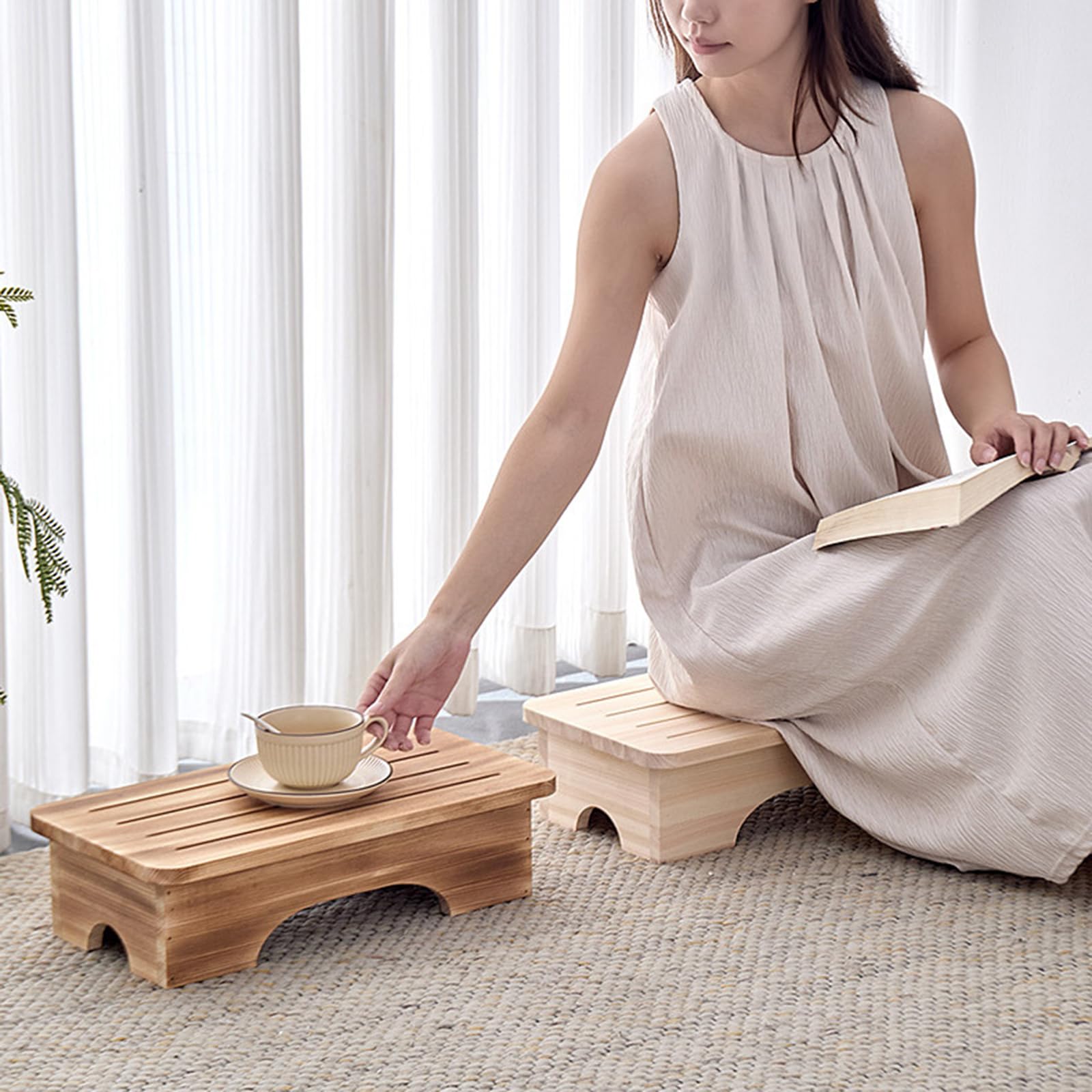 Taburete de madera maciza, estético, natural, para uso doméstico, multiusos, reposapiés, compacto, para sala de estar