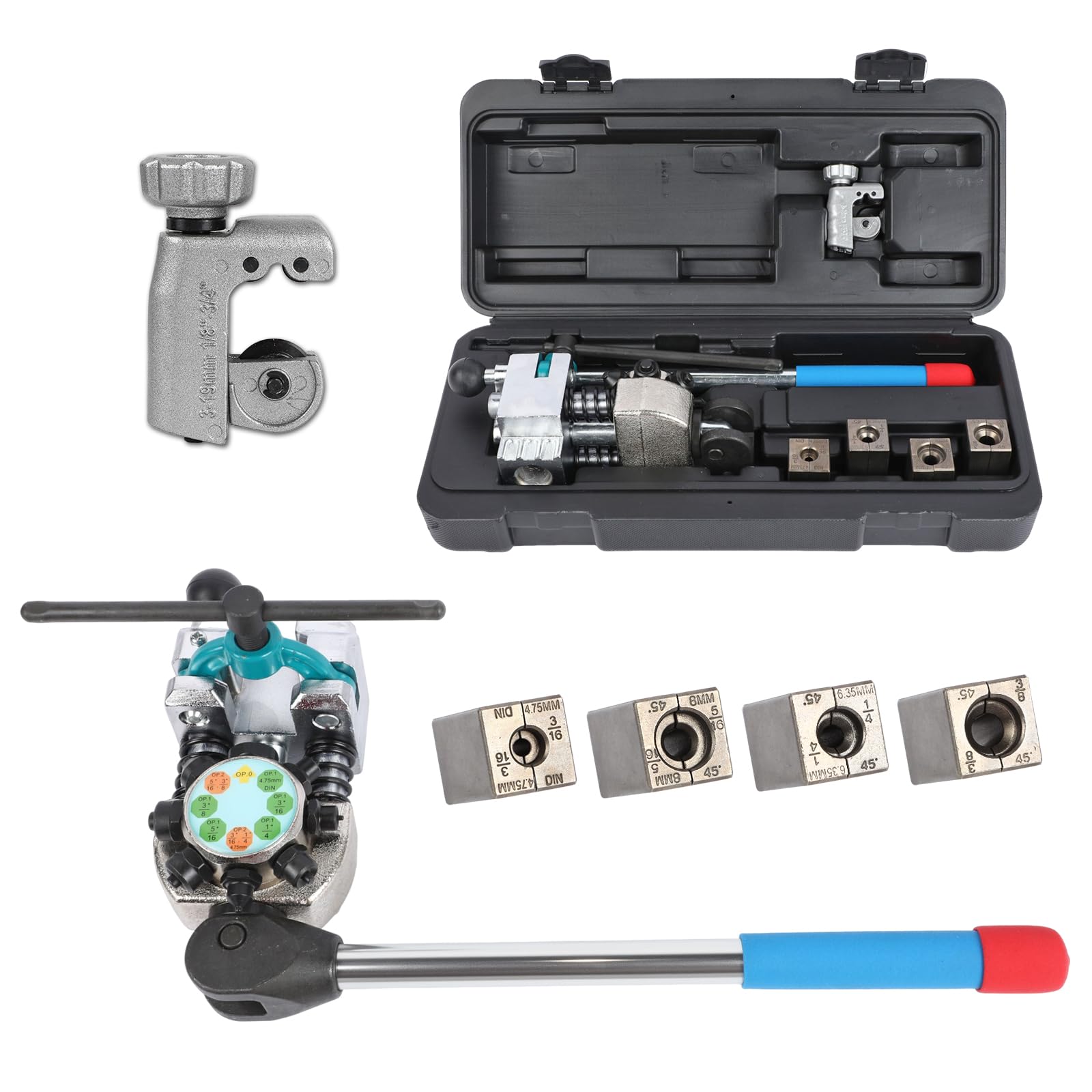 KAISAL Brake Line Flaring Tool Kit, 45 Degree Single, Bubble and Double Flares Brake Pipe Flaring Tool for 3/16", 1/4", 5/16", 3/8" and 4.75mm Tubing, Brake Repair Flaring Tool