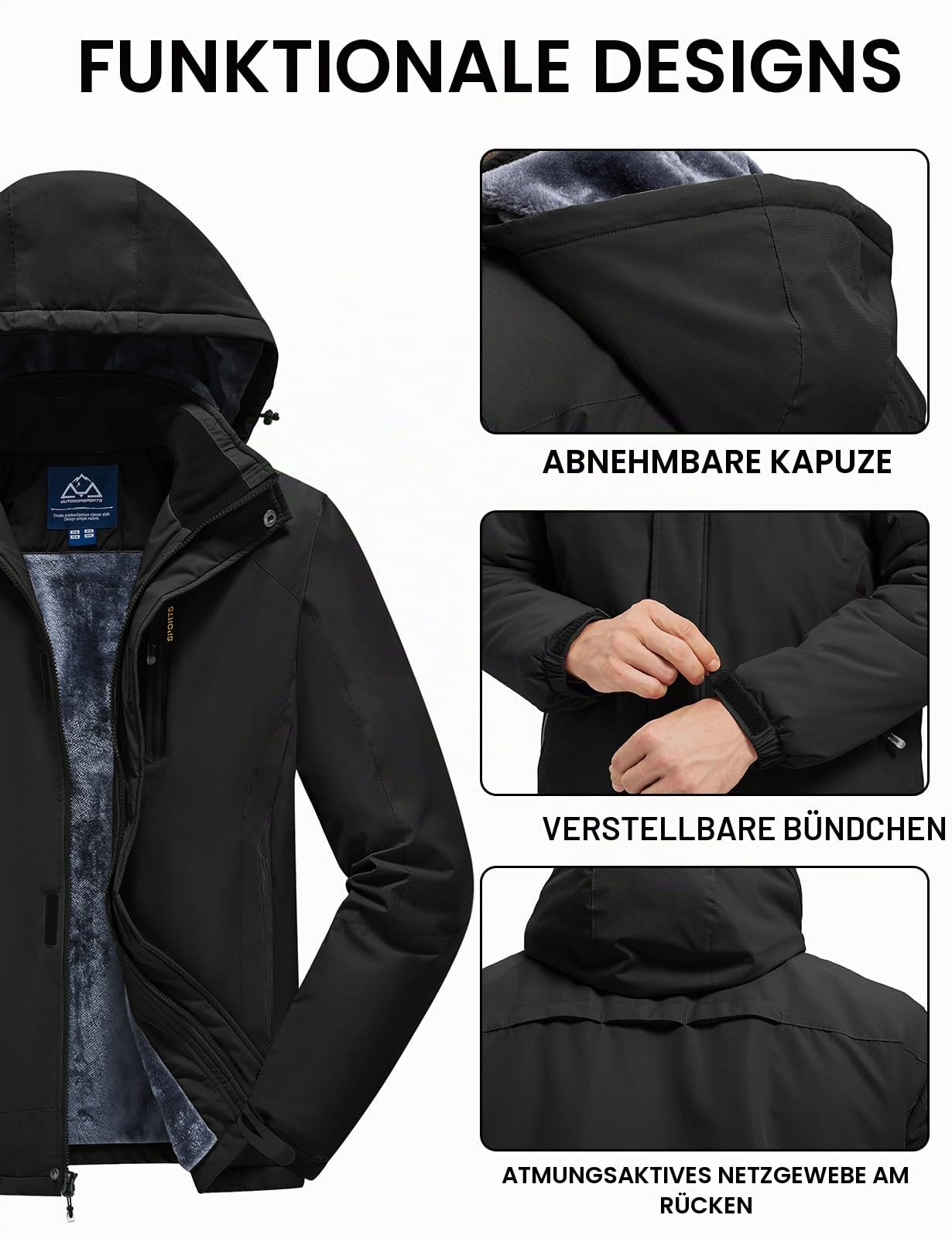 Rdruko Skijacke Herren Winterjacke Snowboardjacke Warme Fleece GefüTtert Winter Jacke Wasserdicht Funktionsjacke Männer Outdoor Wanderjacke mit Kapuze