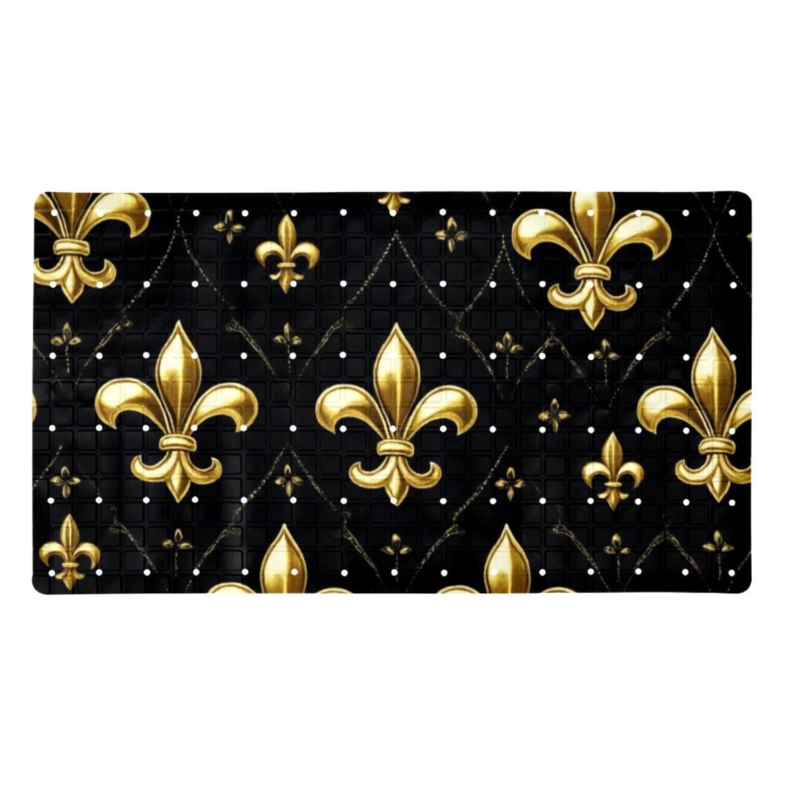 Alfombrilla para bañera extralarga de PVC con ventosas de drenaje Golden Little Fleur De Lis