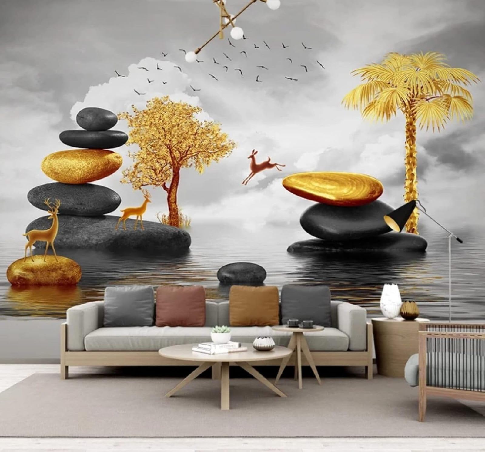 XLMING Luxury Gold Stones Reindeer Trees 3D Wallpaper Luxury Home Dining Decor Paste Sofa Living Room The Wall for Bedroom Mural-400cm×280cm