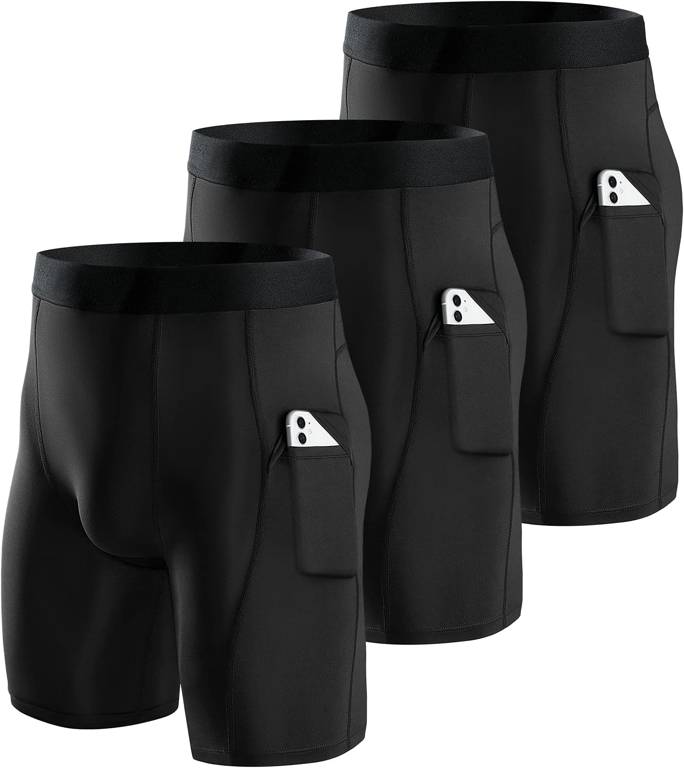 Niksa1 or 3 Pack Mens Compression Shorts Running Base Layer Shorts Men's Workout Shorts with Cell Phone Pockets Tight Dry and Breathable Sports Shorts for Cycling,Yoga,Boxing,Gym