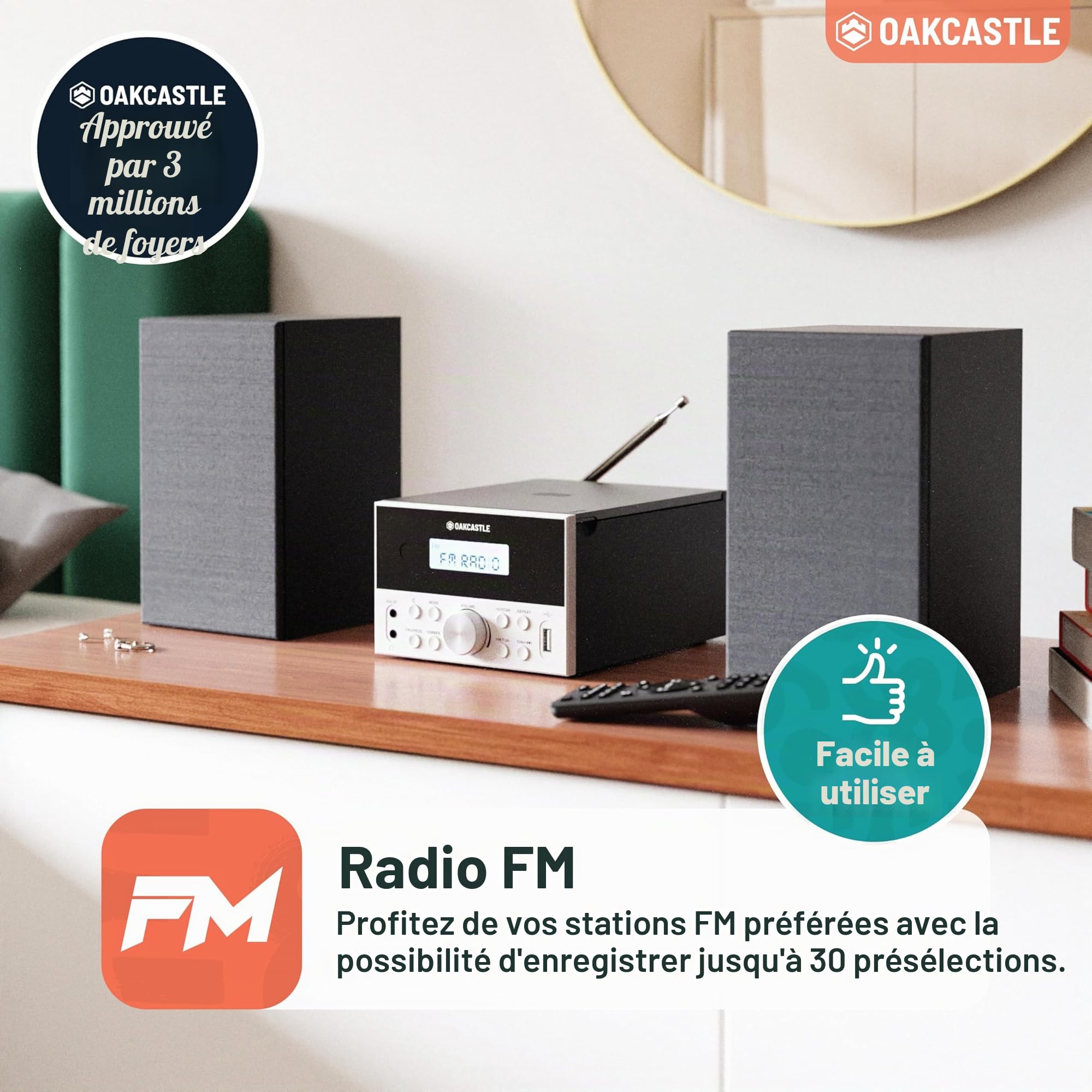 Lecteur CD Bluetooth 5.2 avec haut-parleurs | Puissant chaine HiFi compact de 20W | Radio FM, 30 préréglages, télécommande incluse | USB, AUX, lit les MP3, les CD, les CD-R | Oakcastle HIFI150