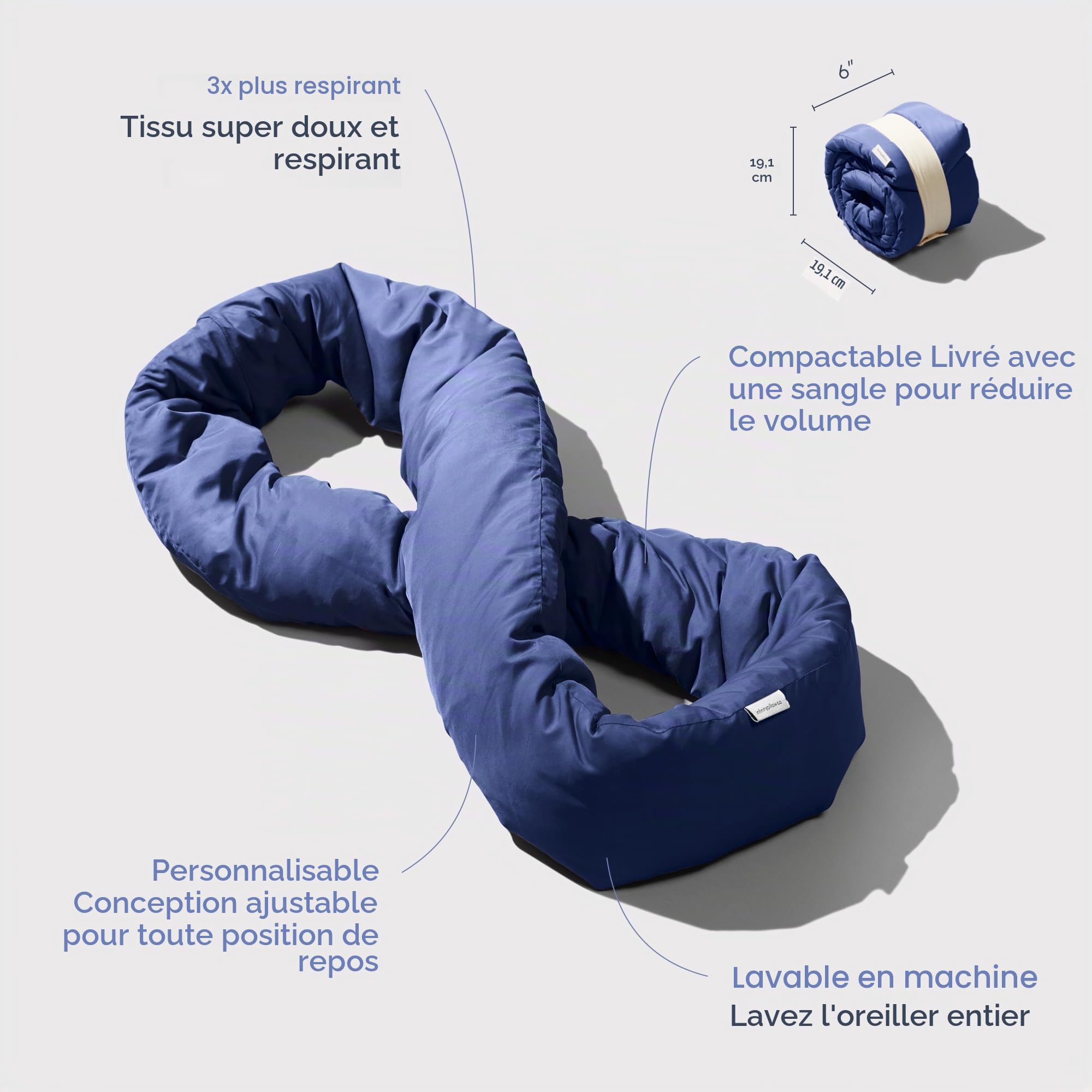 Huzi Infinity Pillow - H1267N - Oreiller de voyage, coussin de voyage. Support nuque, cou et menton Taille Unique (Bleu Marine)
