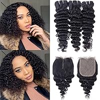 Vista 9 de Extensiones de cabello humano brasileño rizado profundo con cierre, 3 paquetes con cierre (10, 10, 10, 10+10), parte media, 4 x 4 pulgadas, cierre