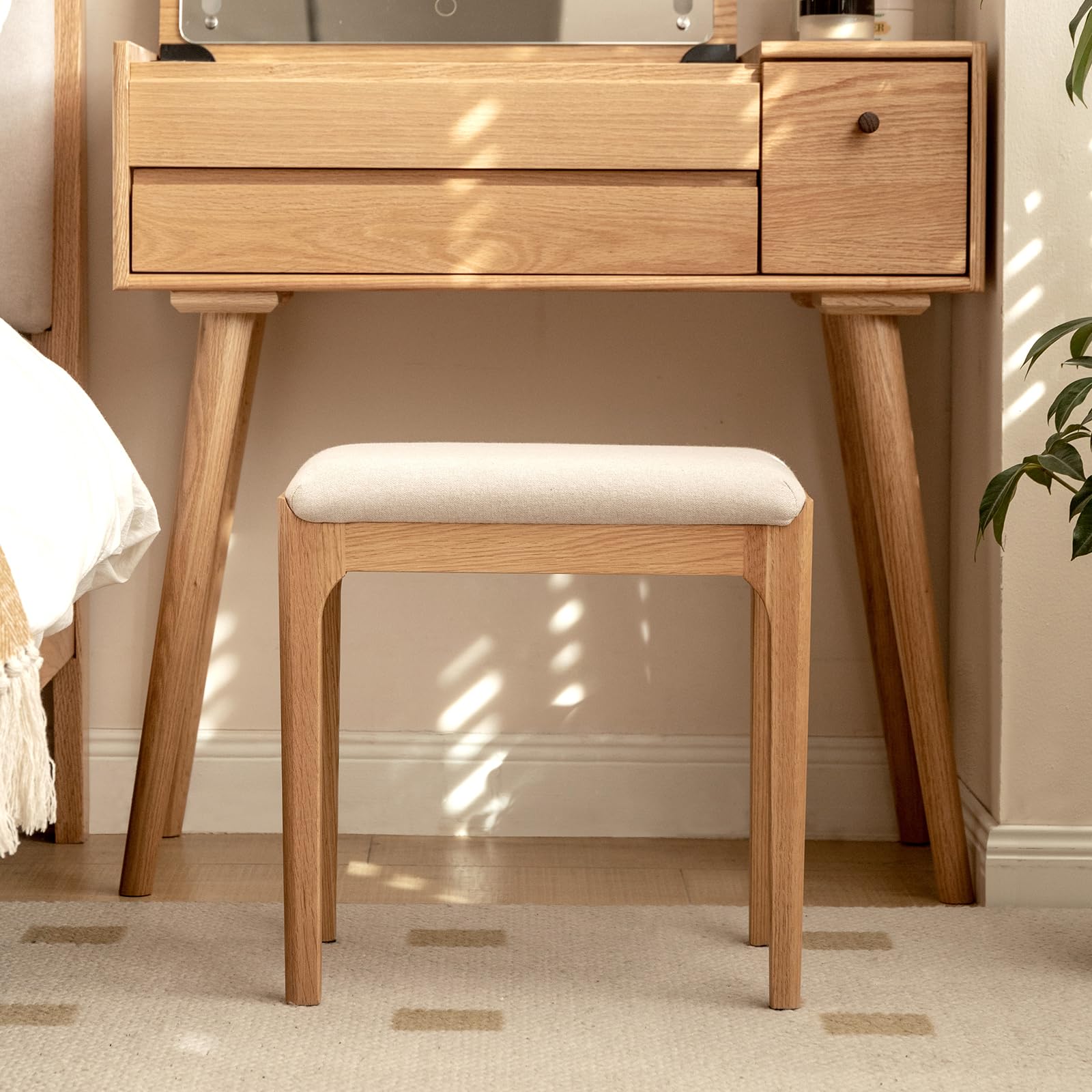 solid wood small vanity stool chair, high-rebound sponge seat, easy assembly makeup chair, footstool for bedroom, dining room, entryway, natural oak