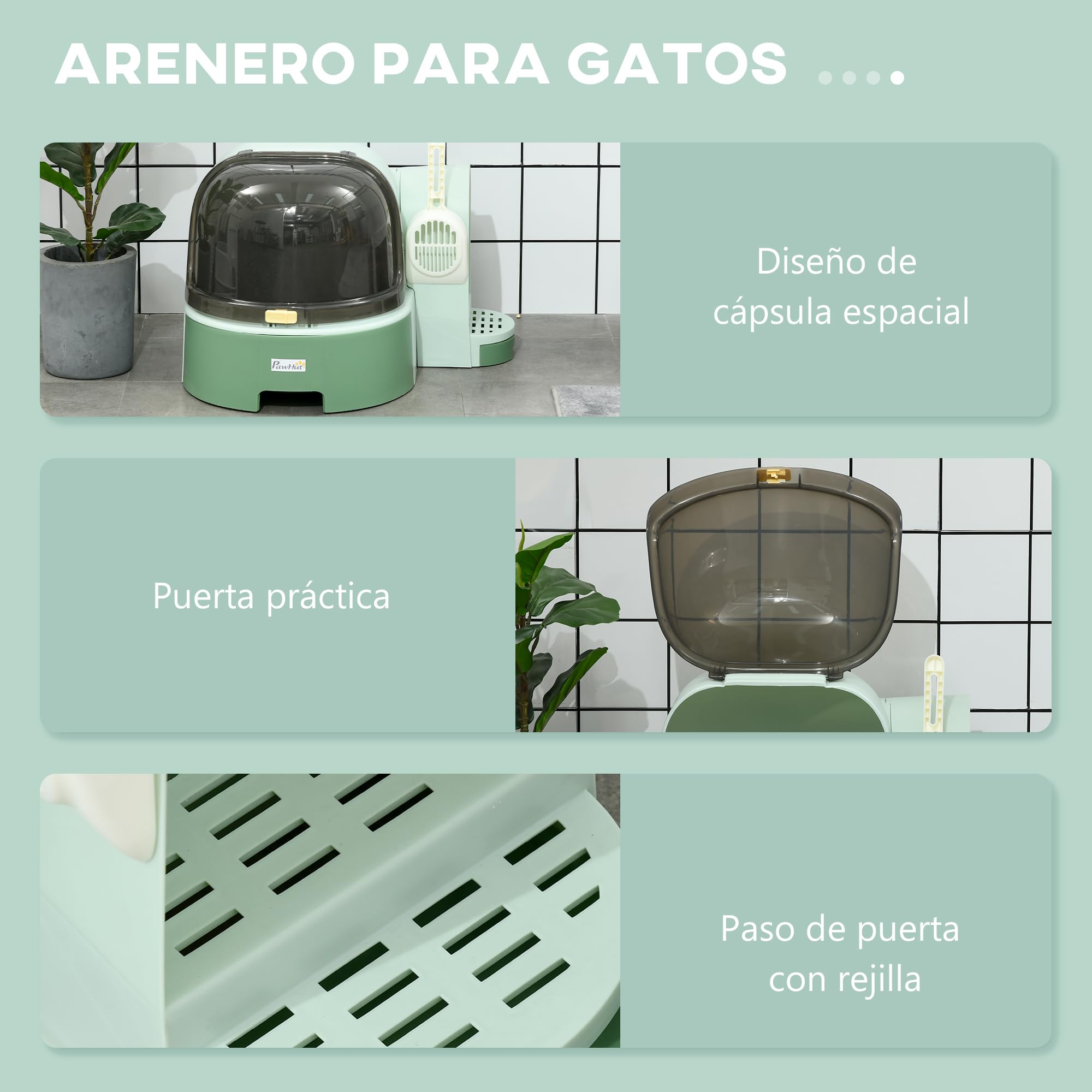 PawHut Arenero para Gatos con Cubierto Caja de Arena para Gatos en Forma de Cápsula Espacial con 2 Bandejas Extraíbles y Pala 52x60x42 cm Verde