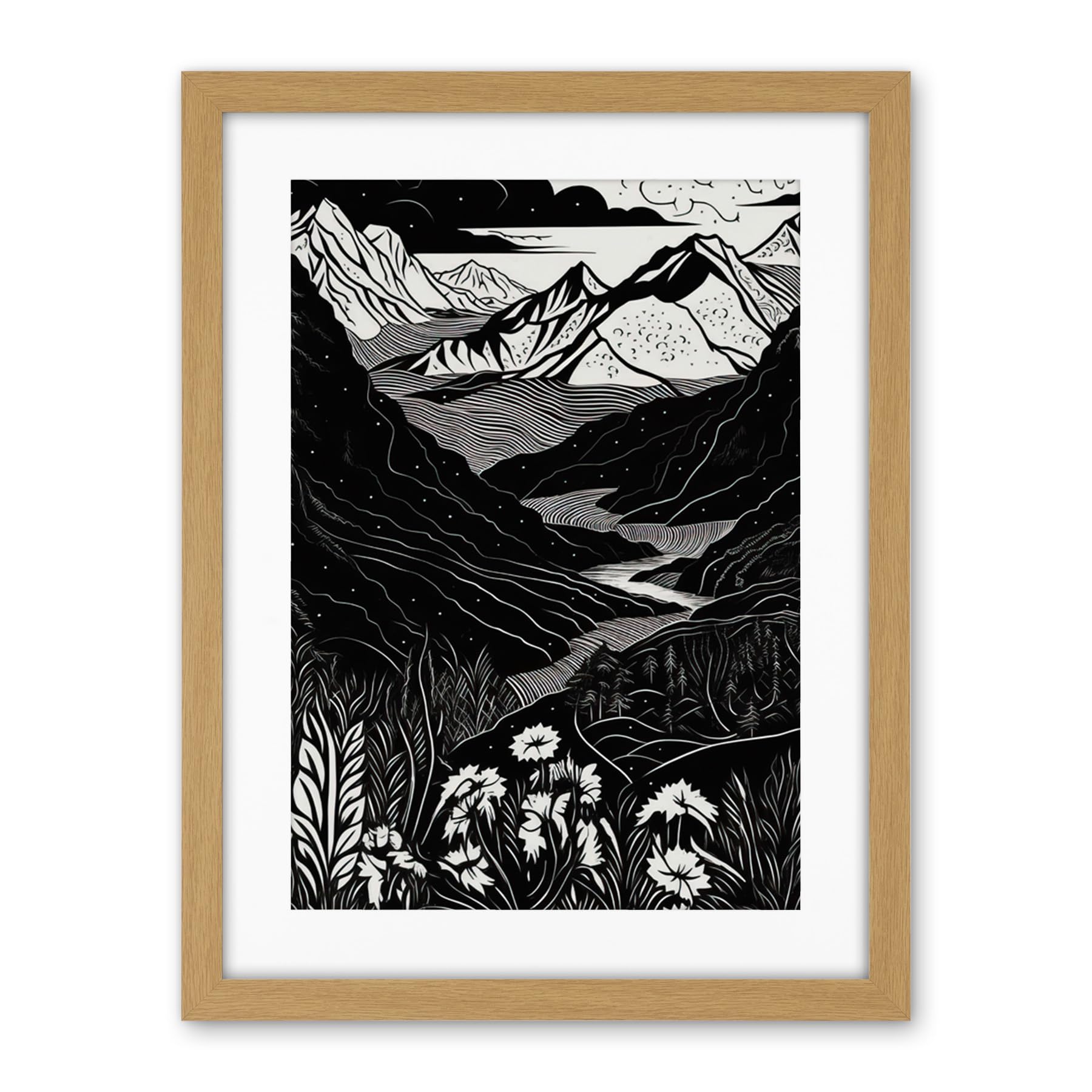 Artery8 Wildflowers in Spring Mountain Landscape Linocut Artwork Framed Wall Art Print 18X24 Inch