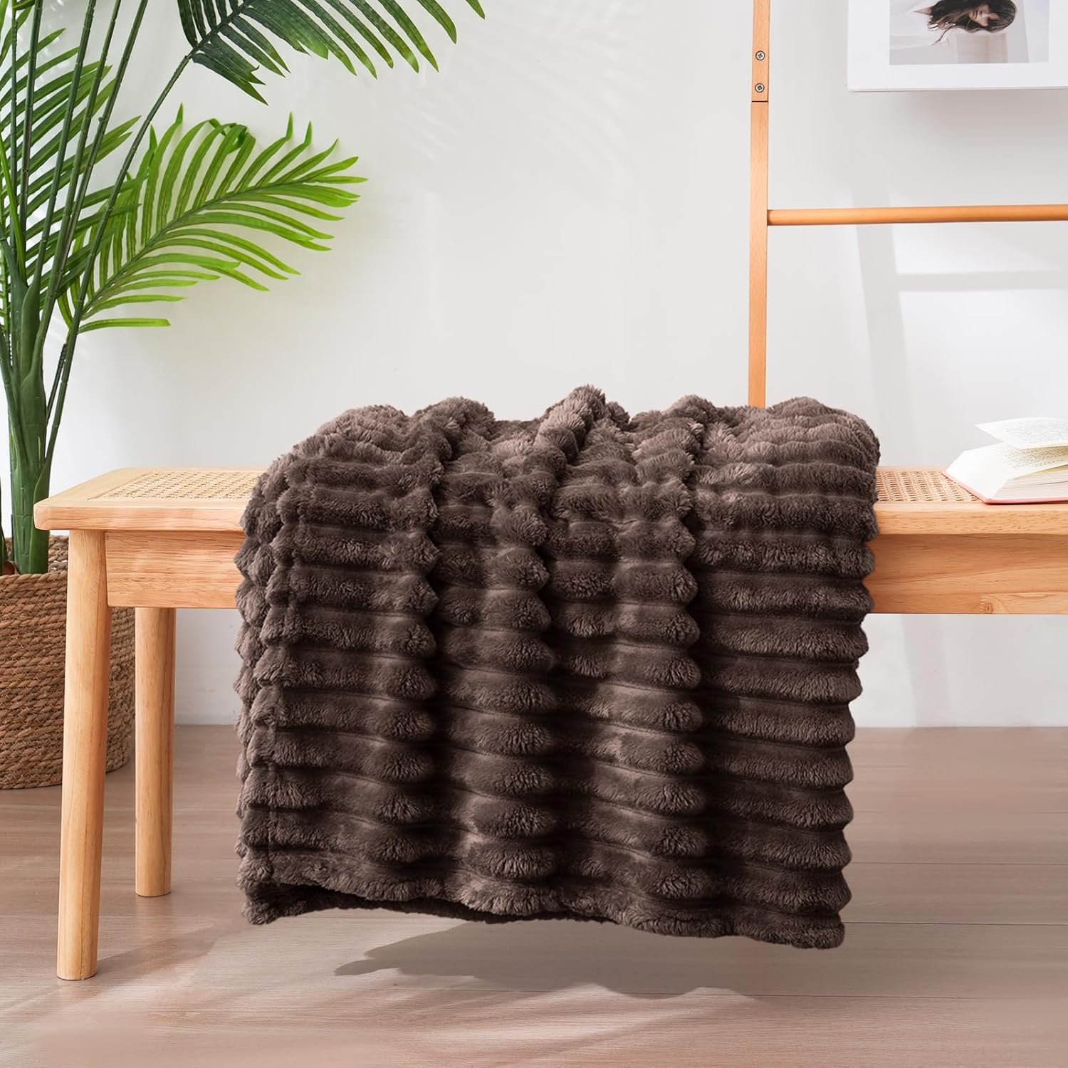 Vessia Flannel Fleece Throw Blanket for Couch,Sofa,Bed, 300GSM Striped Brown Throw Blanket for Adults and Kids, Super Soft Warm Cozy Lightweight Home Decor for All-Season(50x70inch) - Image 6