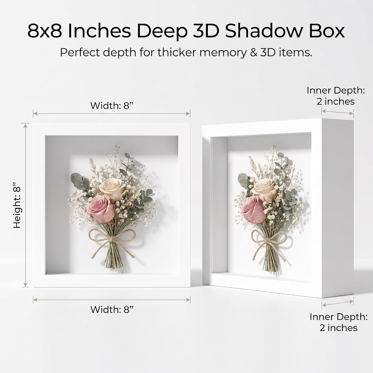 Shadow Box Frame Display Cases, 8"x 8" Wood Deep Black Handicrafts Shadowbox Picture Frame for Flowers Jersey Baby Travel Memory (White-1pcs)
