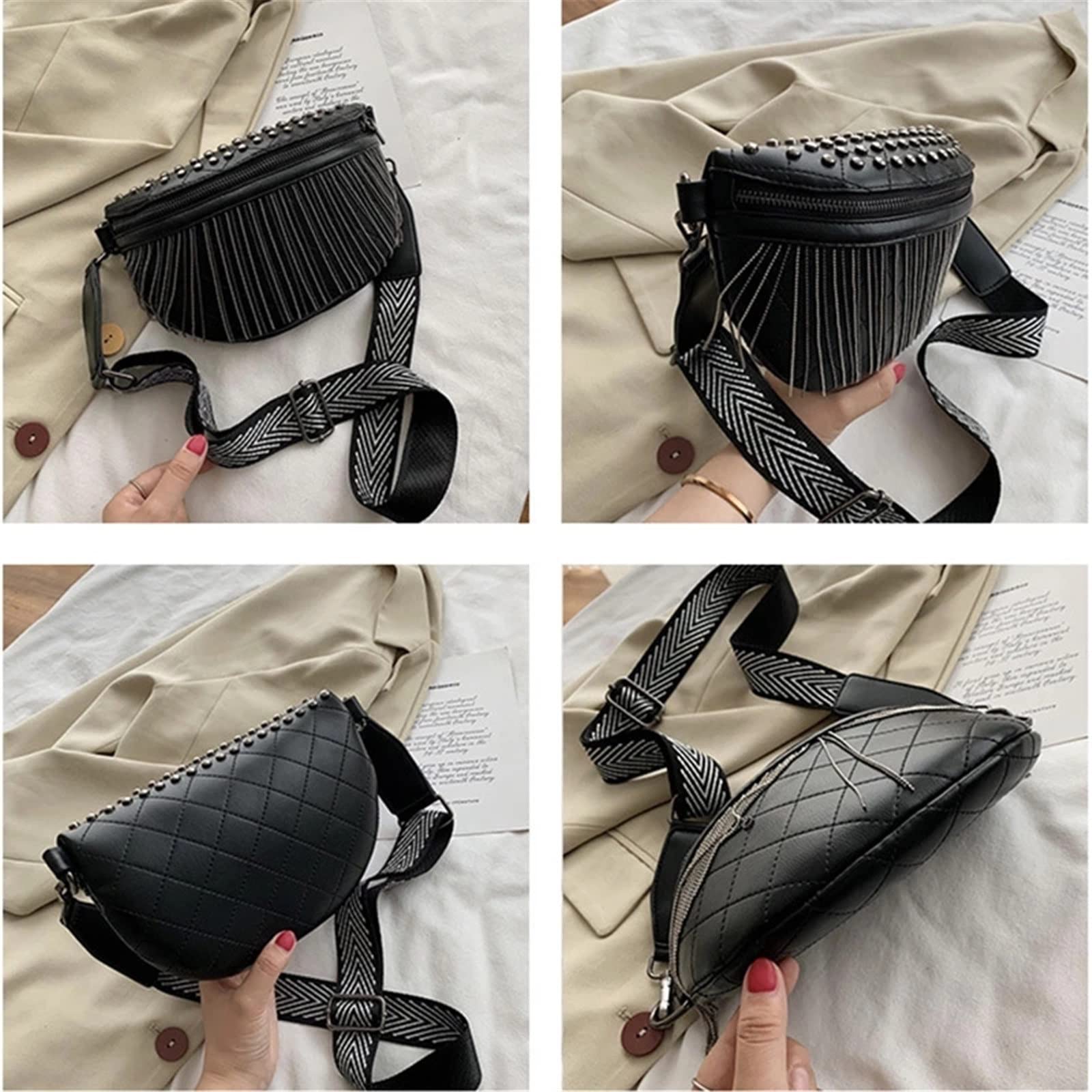 Punk nerka nit frędzel torba na klatkę piersiową dla kobiet damska torba punkowa bananowa torba crossbody torebka motocyklowa torba na nogę, Czarny, 24X7.5X14cm