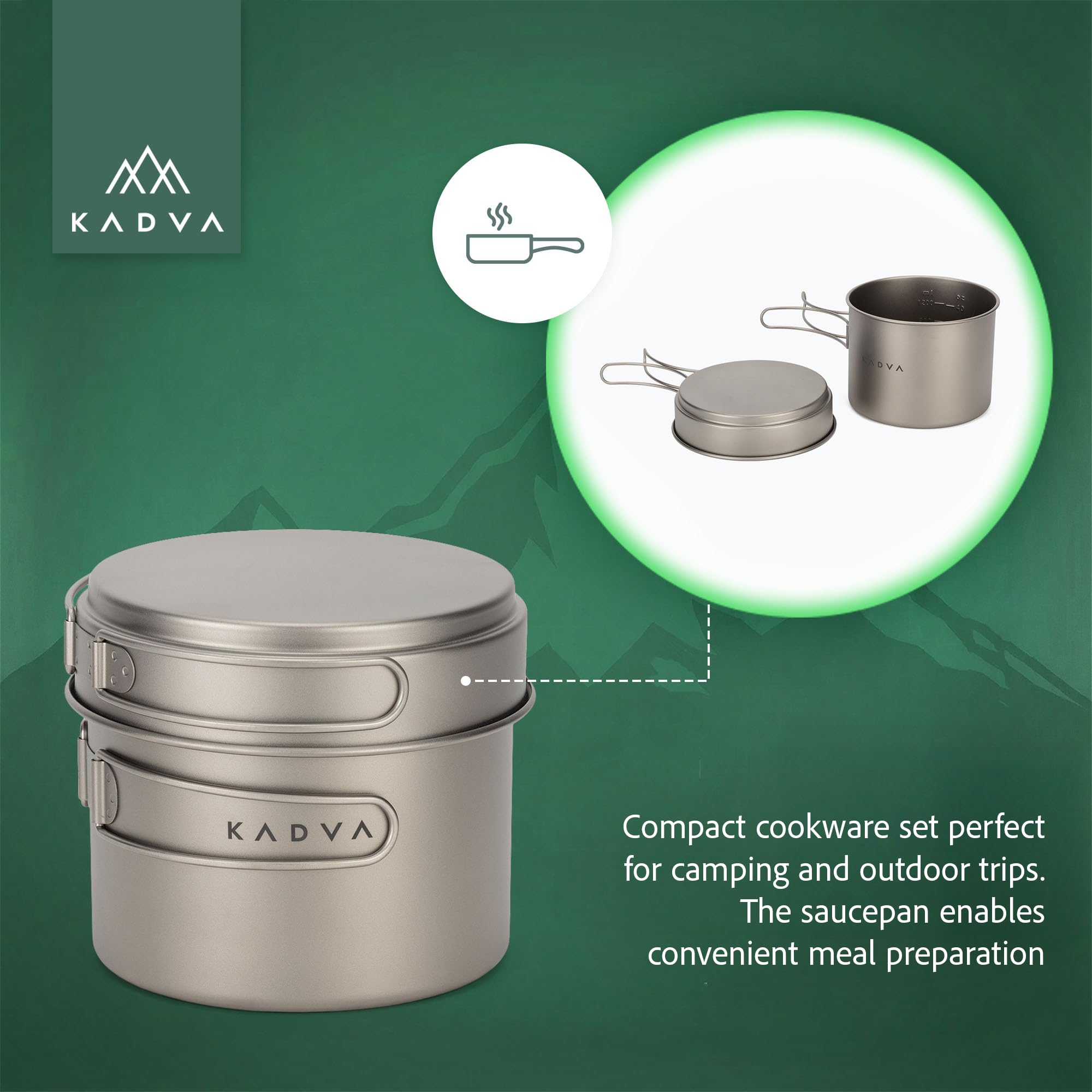 KADVA Titan - Set di pentole da campeggio da 1600 ml, per trekking e attività all'aperto | Set di 2 pentole in titanio con pentola e coperchio come padella, 0,25 kg, colore argento e compatto