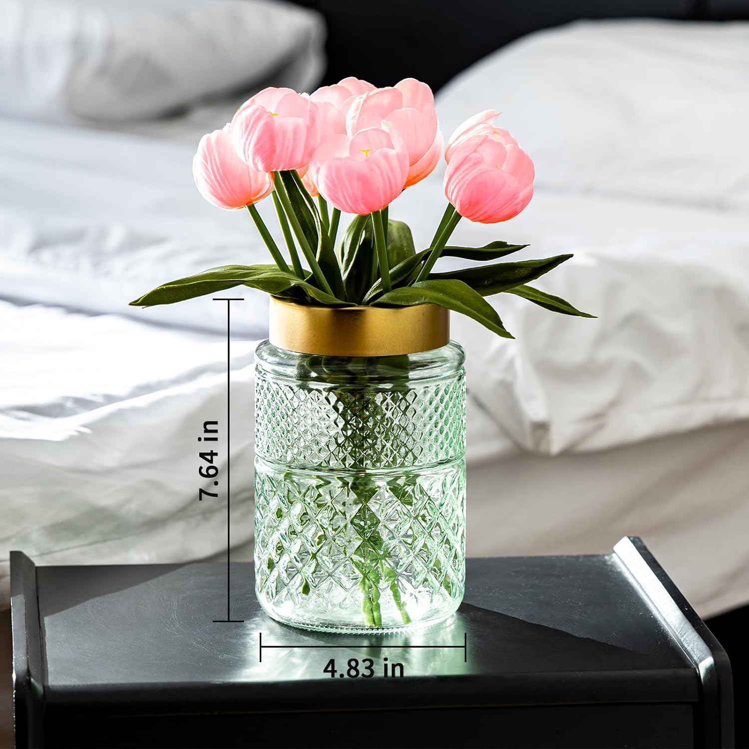 2-Pack Flower Vase Glass, 7.6 inch Green Fluted Vase with Golden Metal Top,Stylish Decorative for Tabletop Centerpiece, Kitchen,Living Room,Bedroom,Bathroom,Office