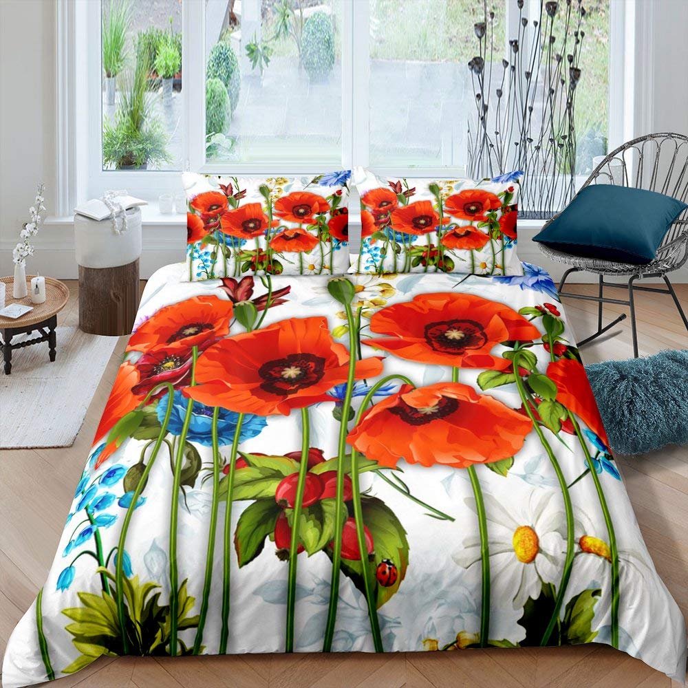 Poppy Comforter Cover, Kids Red Floral Petal Quilt Cover, Butterfly Insect Branches Garden Theme Duvet Cover For Teens Adult Women, Decorative 3 Piece Bedding Set With 2 Pillow Cases, King Size — image 1