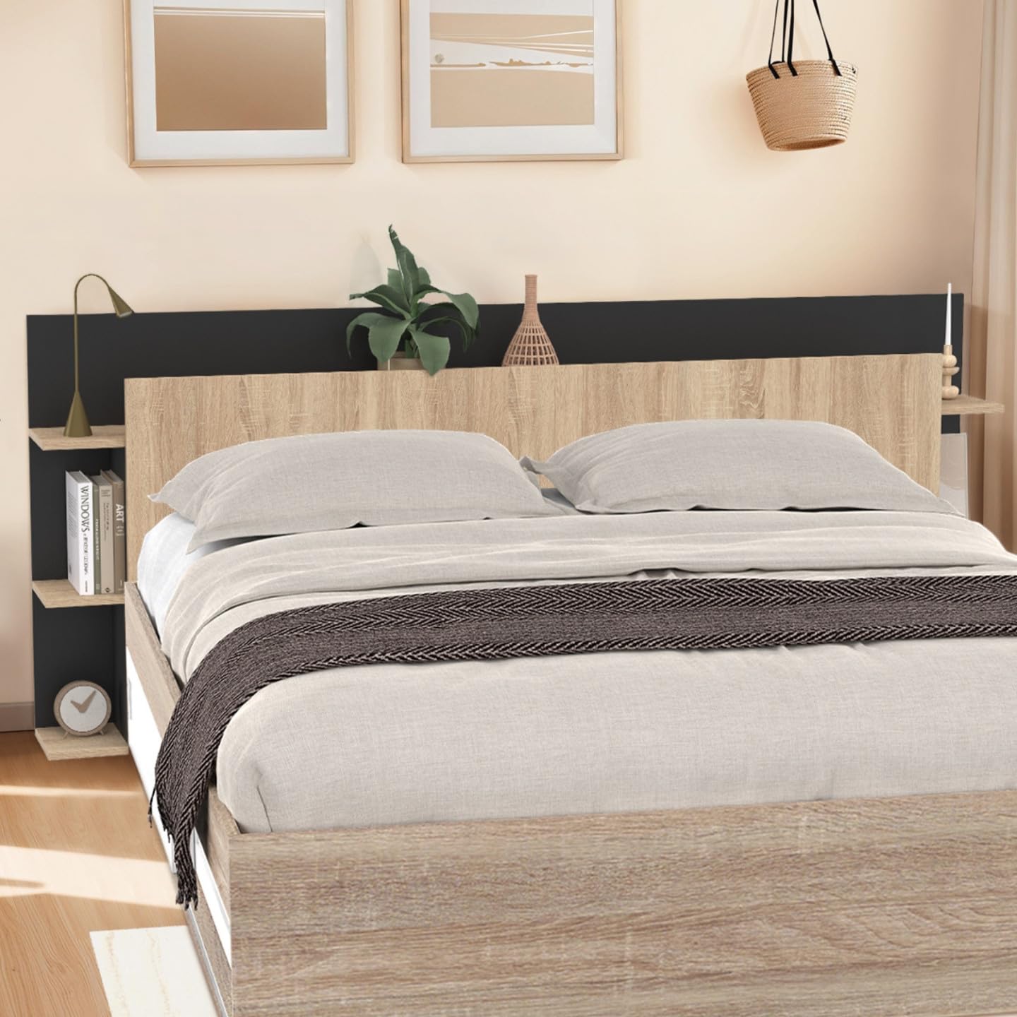 IDMarket - Tête de lit sur Pied CIRI pour lit 140 et 160 cm avec rangements Bois et Noir