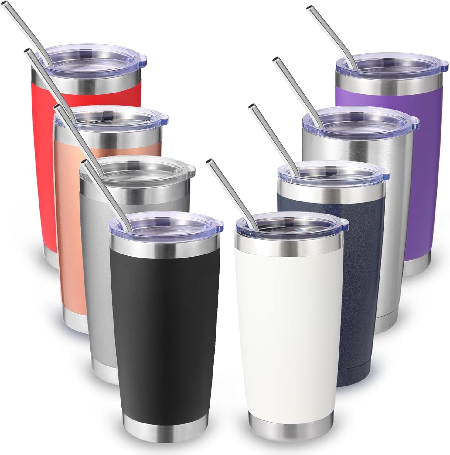 Volhoply 20oz Stainless Steel Tumbler with Lid and Straw Bulk 8 Pack,Double Wall Insulated Travel Iced Coffee Mug Fits Cup Holder,Powder Coated Cups for Hot/Cold Drinks,Christmas Gifts(Mix,8 Set)