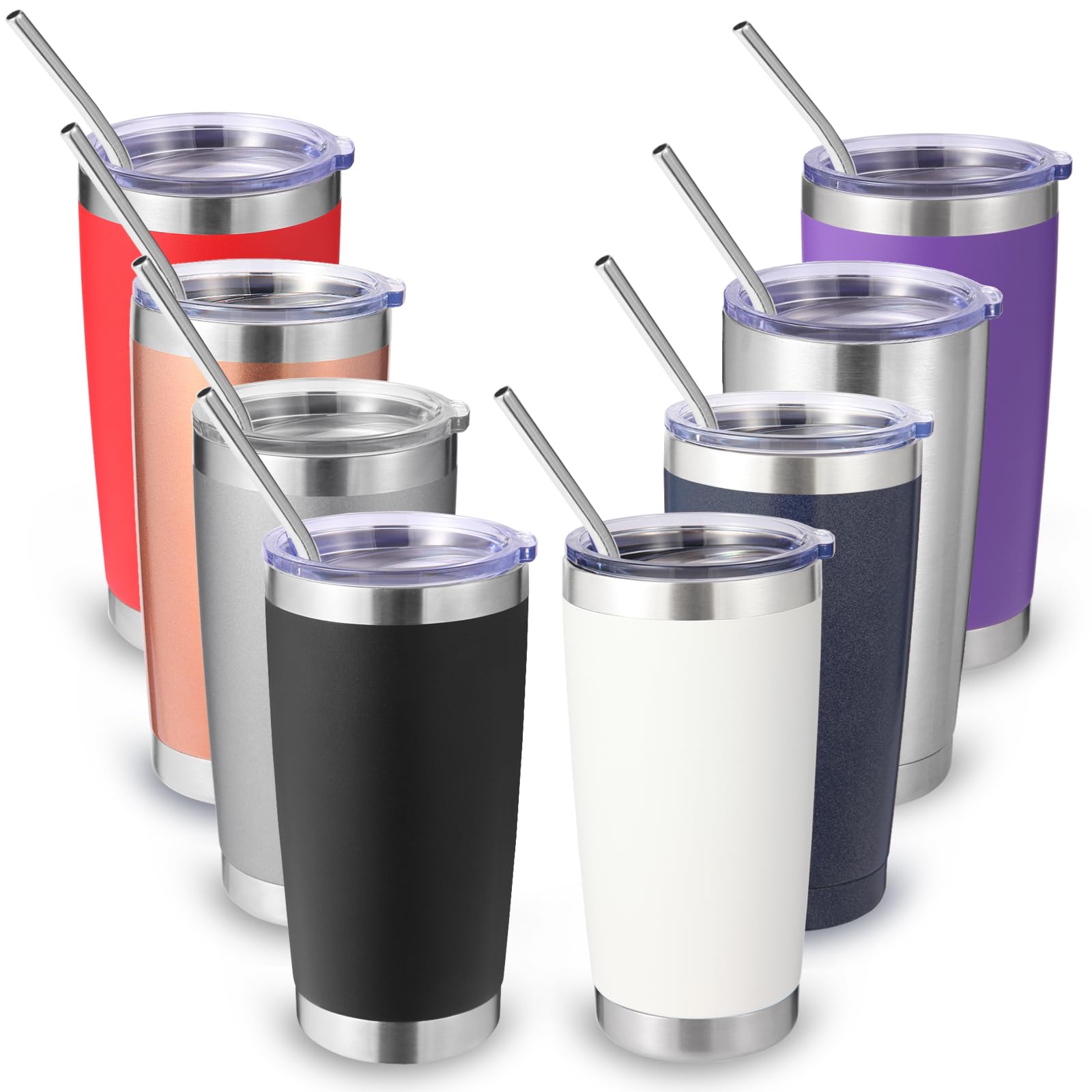 Volhoply 20oz 550ml Travel Insulated Tumbler with Lid and Straw Bulk 8 Pack, Double Wall Stainless Steel Coffee Mug Fits Cup Holder,Powder Coated Cups for Hot & Cold Drinks, BPA Free（Mix,8 Set）