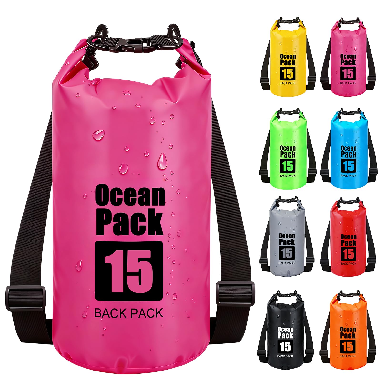 RONGZUBAT 15L Large Waterproof Dry Bag with Shoulder Strap, Roll Top Dry Sack for Outdoor Gear, Waterproof Bag for Kayaking, Boating, Paddle Boarding, Camping, Beach, Fishing and Travel - Hot Pink โ image 1