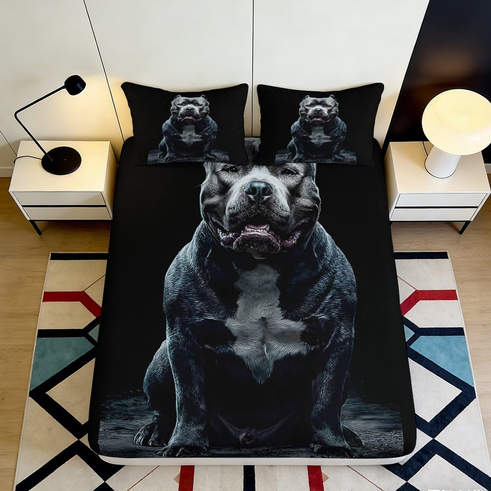 3D Printed Black Bulldog Fitted Sheet Microfiber Soft Breathable Dog Print Bed Cover for Bedroom Dormitory Guest Room Mattress Protection 160x200x25cm