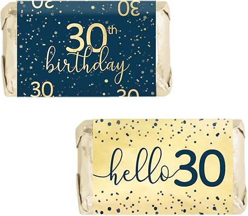 Calcomanías para fiesta de cumpleaños número 30, color azul marino y dorado, mini envoltorios de barra de caramelo para decoraciones de cumpleaños