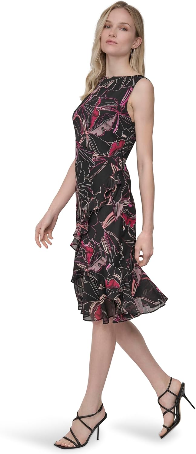 DKNY Women's Sleeveless Jewel Neck Ruffle Hem Knee Length Midi Dress