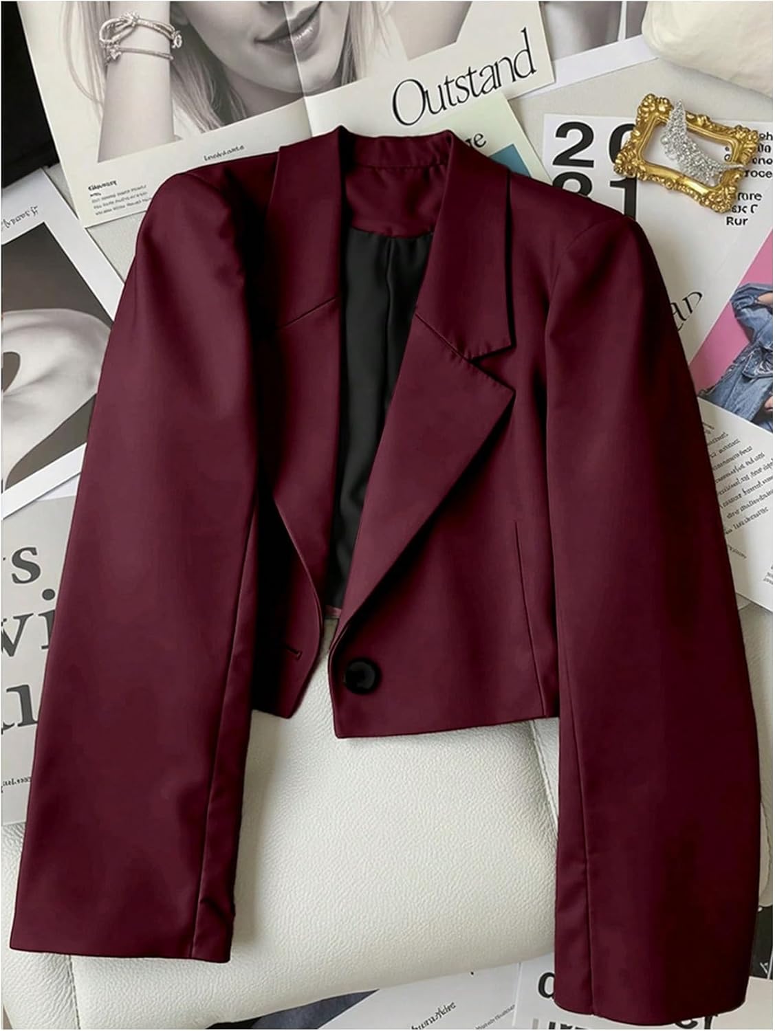 GORGLITTER Women's Cropped Blazer Business Casual Open Front Lapel Collar Button Suit Jacket