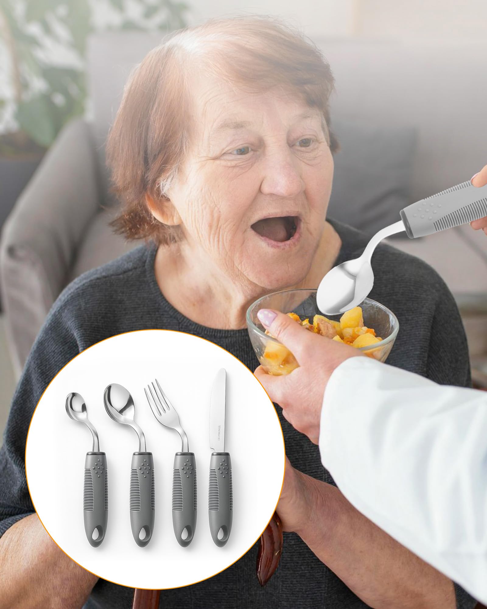 Juego de 4 cubiertos Parkinson para discapacitados: cucharas de Parkinson de plástico PP de alta calidad y acero inoxidable 2CR14, ayudas ergonómicas para temblores, trastornos de movimiento, artritis