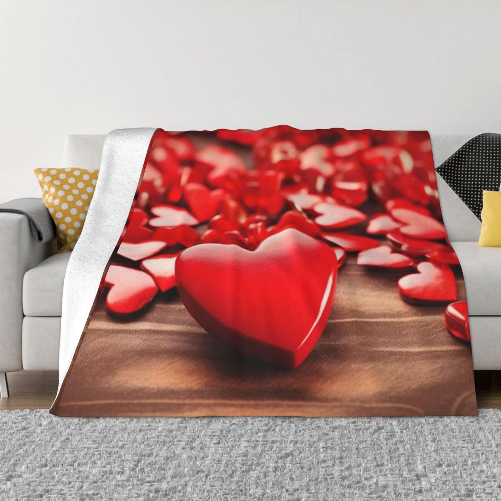 Couverture polaire cœurs rouges en flanelle douce pour lit et canapé 152x127 cm
