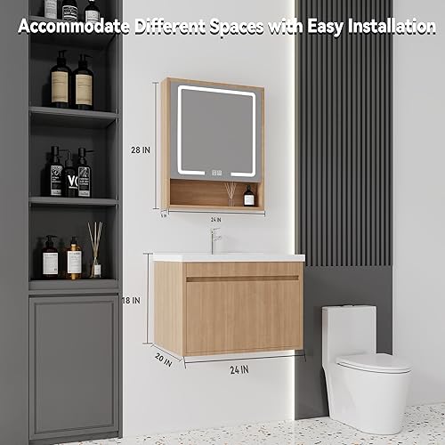 Miniatura 29 de Tocador de baño de 20 pulgadas con lavabo de cerámica, tocador de baño pequeño montado en la pared con puerta de cierre suave, gabinete flotante