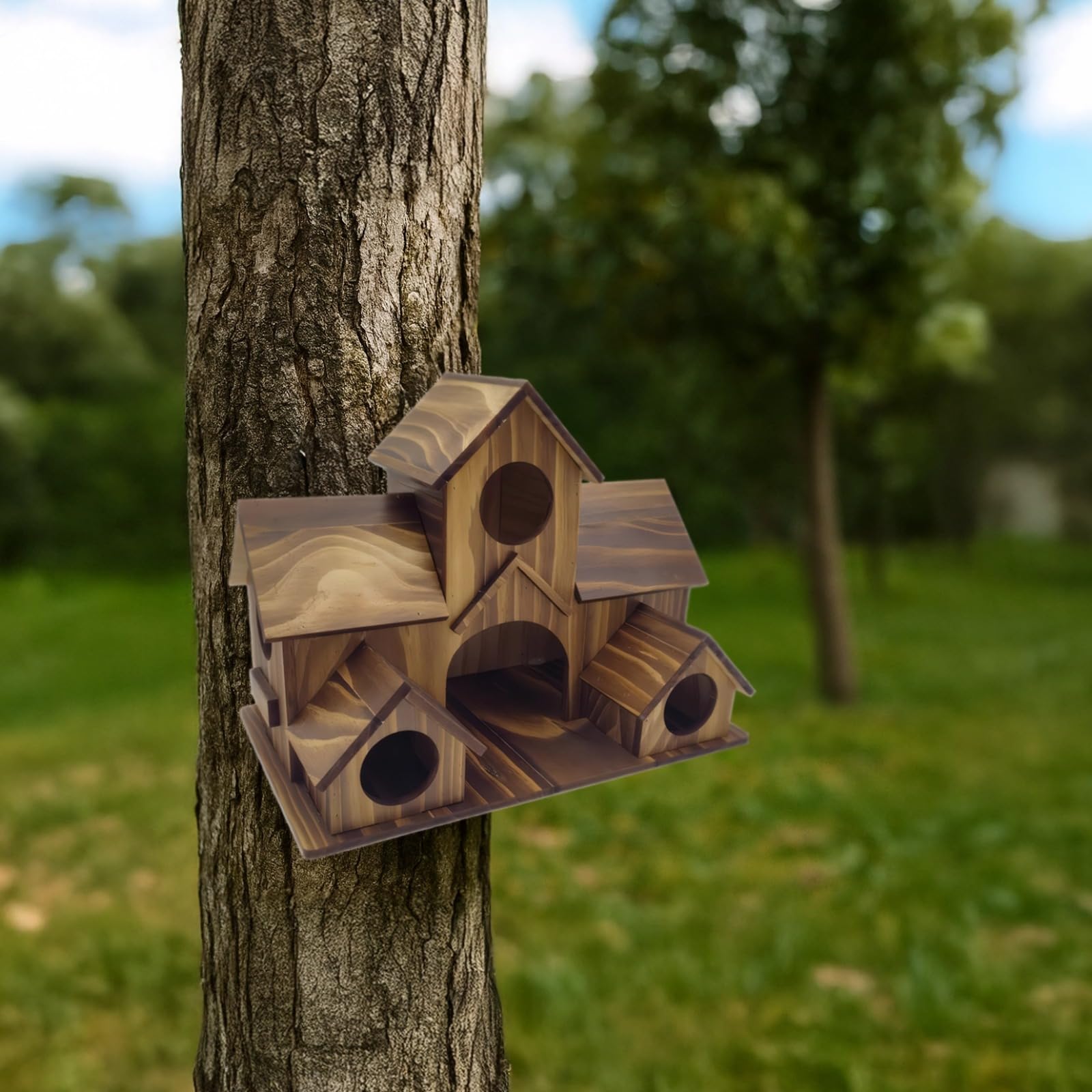 Vogelhaus aus Holz, Villa-Stil mit Mehreren Nestplätzen, 9,1 x 6,3 x 5,5 Zoll, 23 x 16 x 14 cm, großes Vogelhaus mit Mehreren Eingängen, handgefertigt, natürliches Vogelhaus