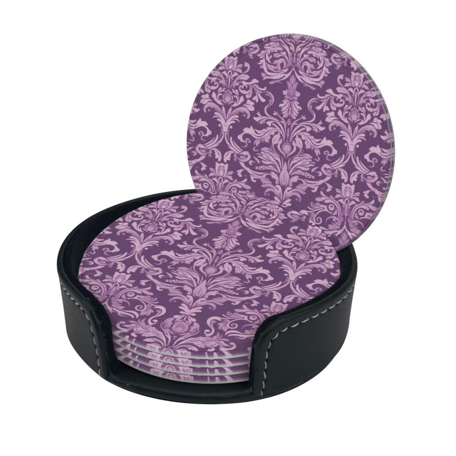 Stylish Coasters - Purple Set of 6 Round Leather Drink Coasters with Holder - Perfect Size for Cups and Glasses
