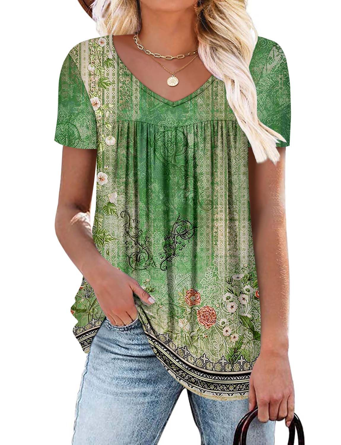 ZOLUCKY Womens Plus Size Short Sleeve Boho Tops Trendy Shirts Loose Fit Blouse Summer Tunic Top for Women S-3XL