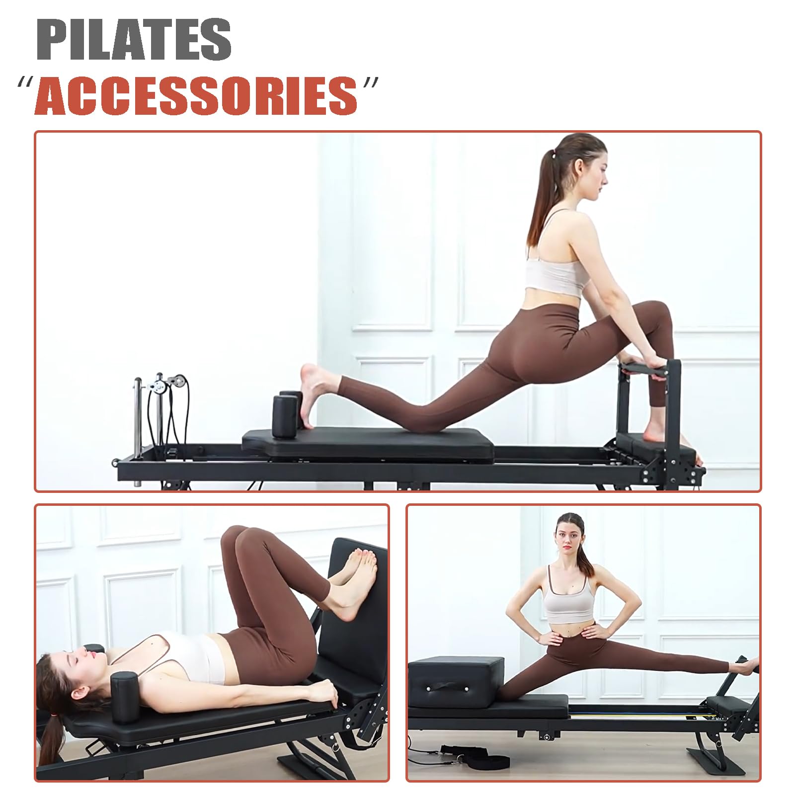 Pilates Reformer - Macchina Pieghevole con 4 Molle e 5 Corde, Macchina Pilates Pieghevole Professionale per Casa e Studio, Portata Fino a 120 kg,Grey-10box